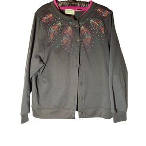 Shenanigans Vintage Black Embroidered Feather Rhinestone Sweatshirt Cardigan XL